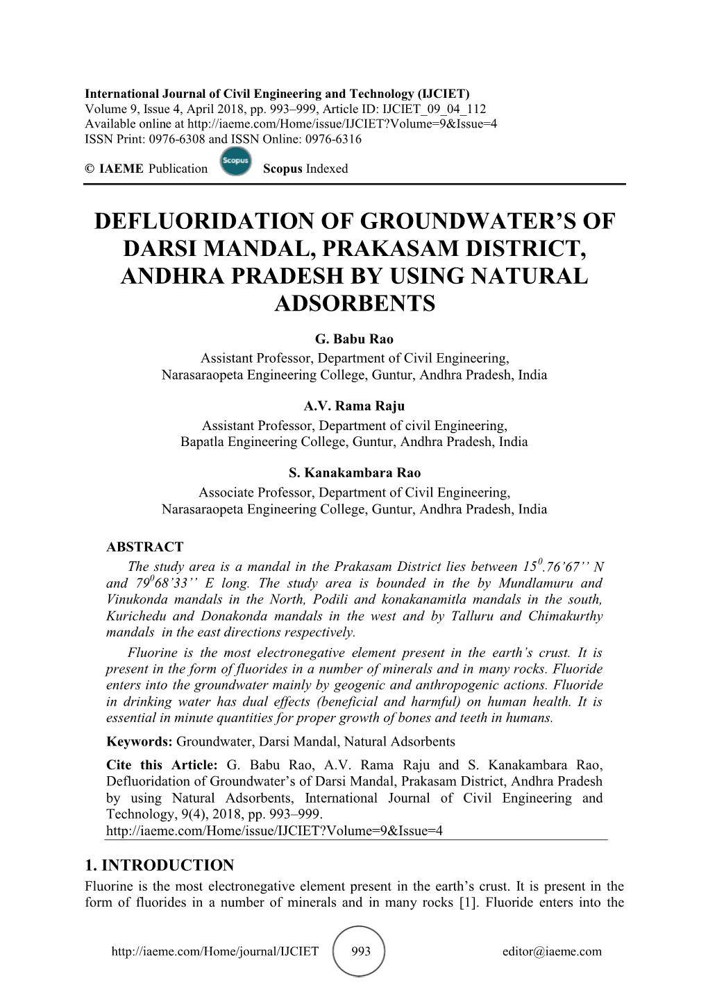 Defluoridation of Groundwater's of Darsi Mandal, Prakas District, Am Andhra Pradesh by Using Natural Adsorbents