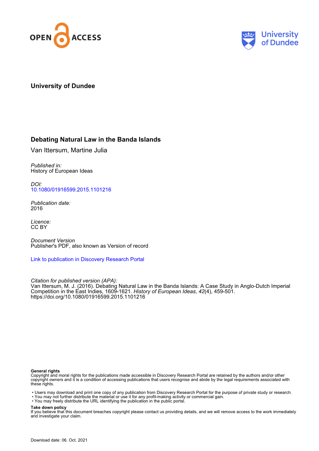 Debating Natural Law in the Banda Islands: a Case Study in Anglo-Dutch Imperial Competition in the East Indies, 1609-1621