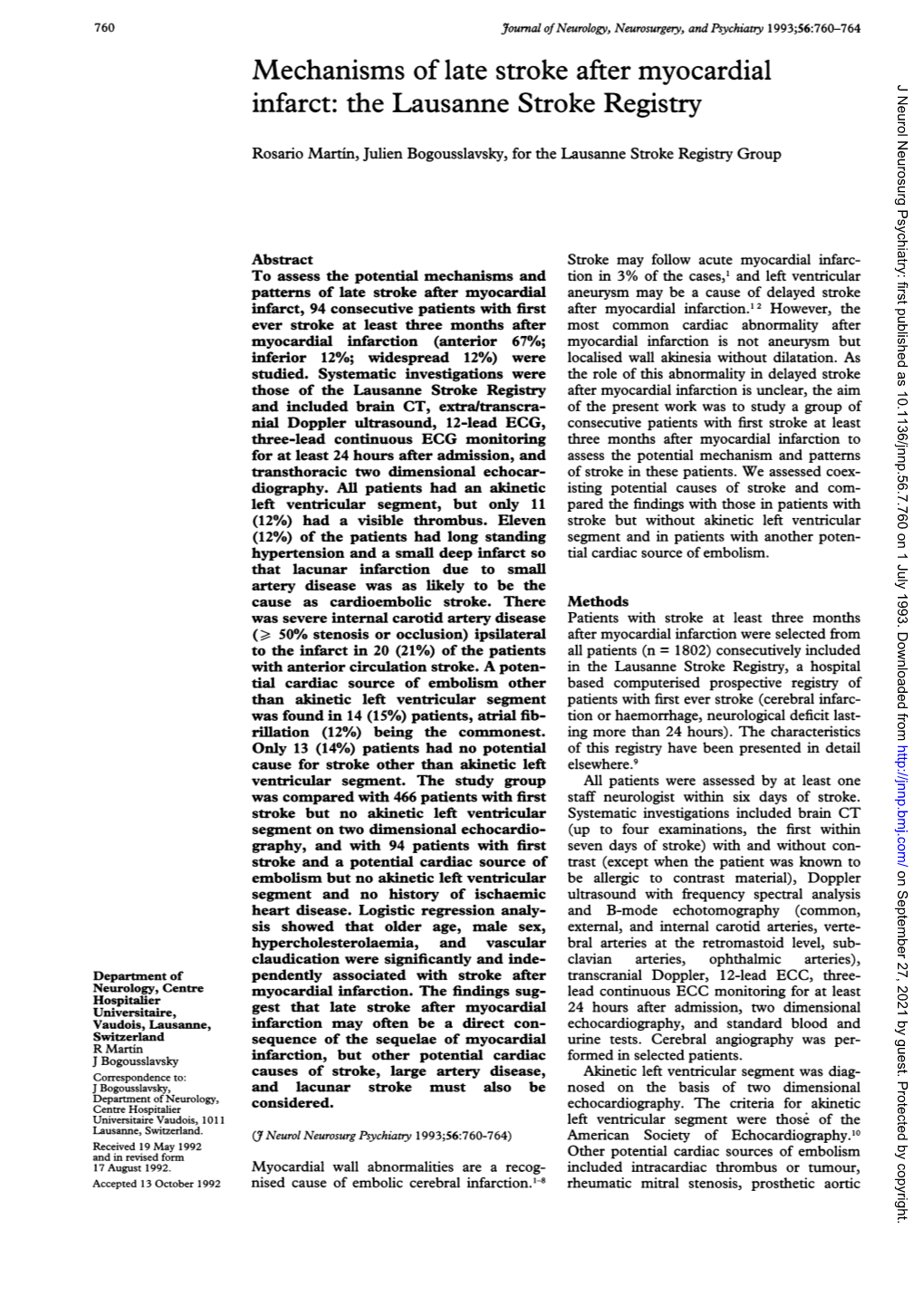 Mechanisms of Late Stroke After Myocardial J Neurol Neurosurg Psychiatry: First Published As 10.1136/Jnnp.56.7.760 on 1 July 1993