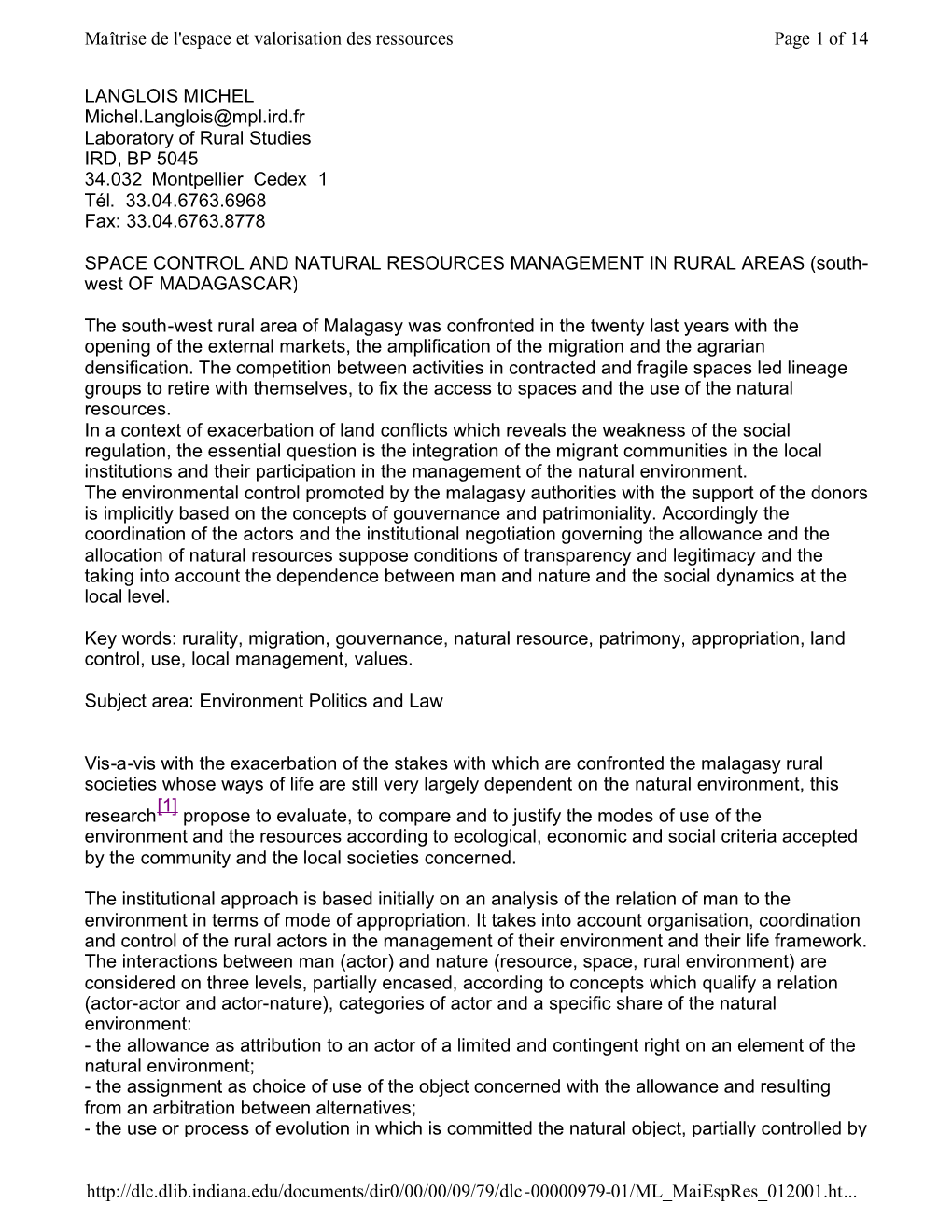 LANGLOIS MICHEL Michel.Langlois@Mpl.Ird.Fr Laboratory of Rural Studies IRD, BP 5045 34.032 Montpellier Cedex 1 Tél