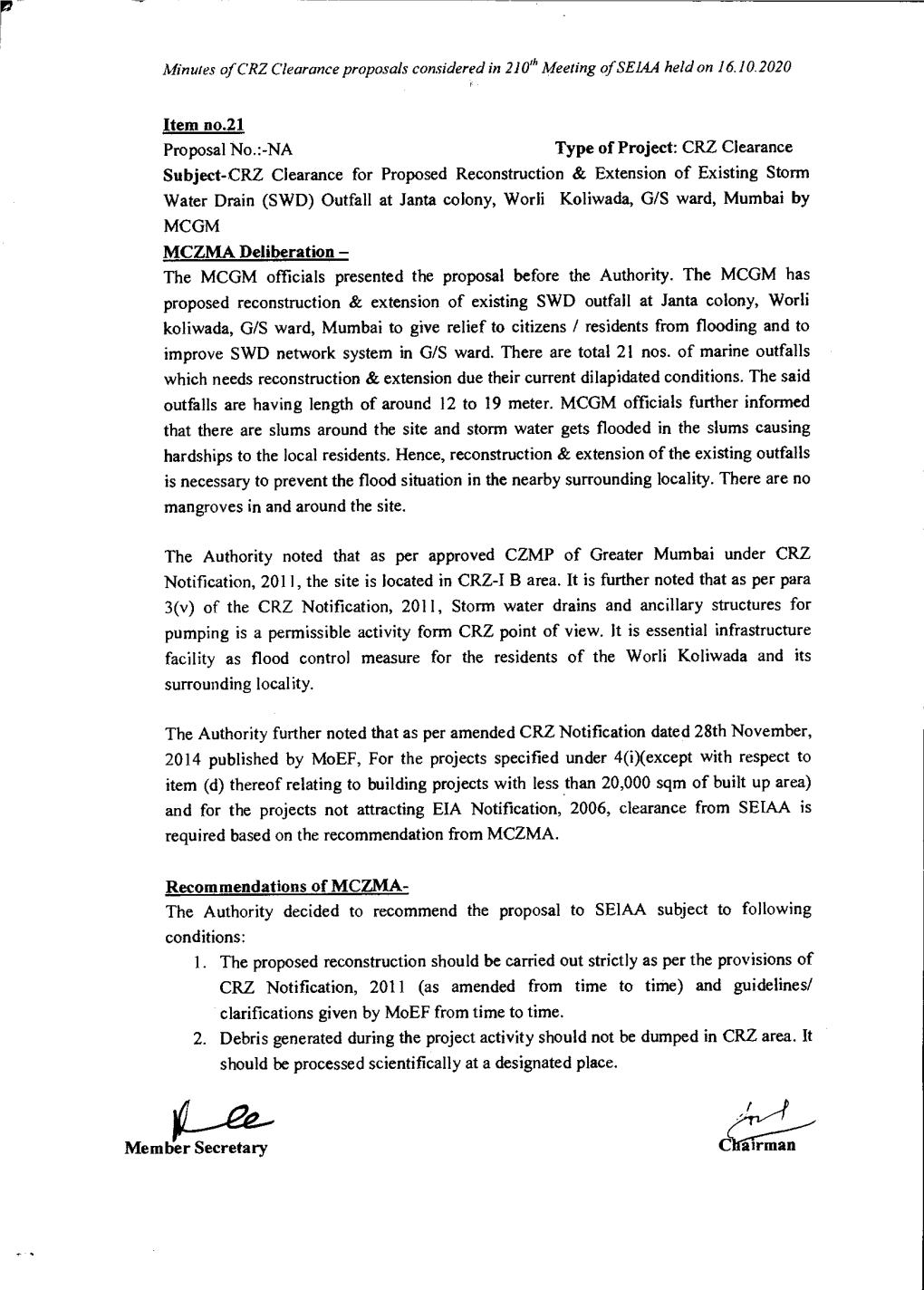 Minutes of CRZ Clearance Proposals Considered in 210Th Meeting of SEIAA Held on 1610.2020