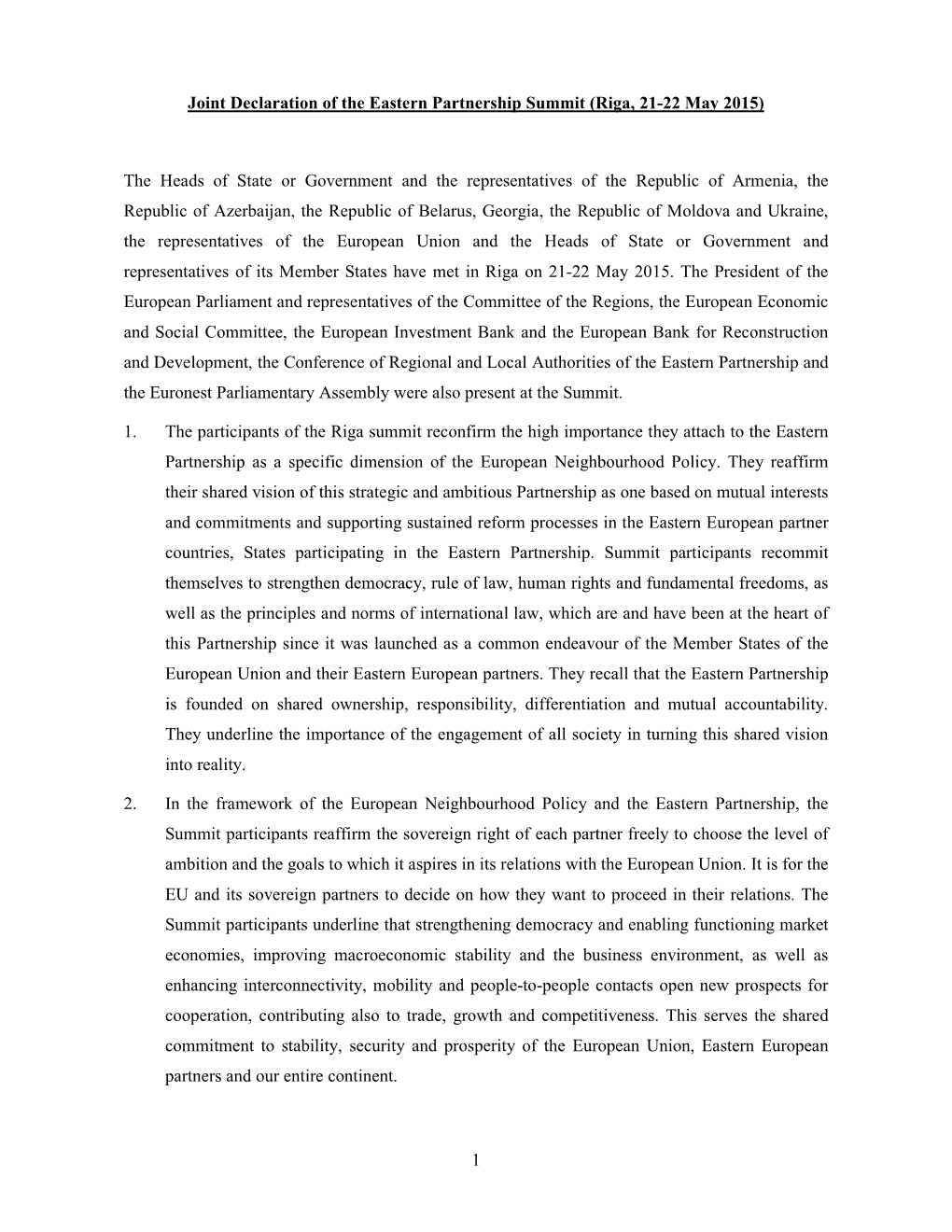 Joint Declaration of the Eastern Partnership Summit (Riga, 21-22 May 2015)