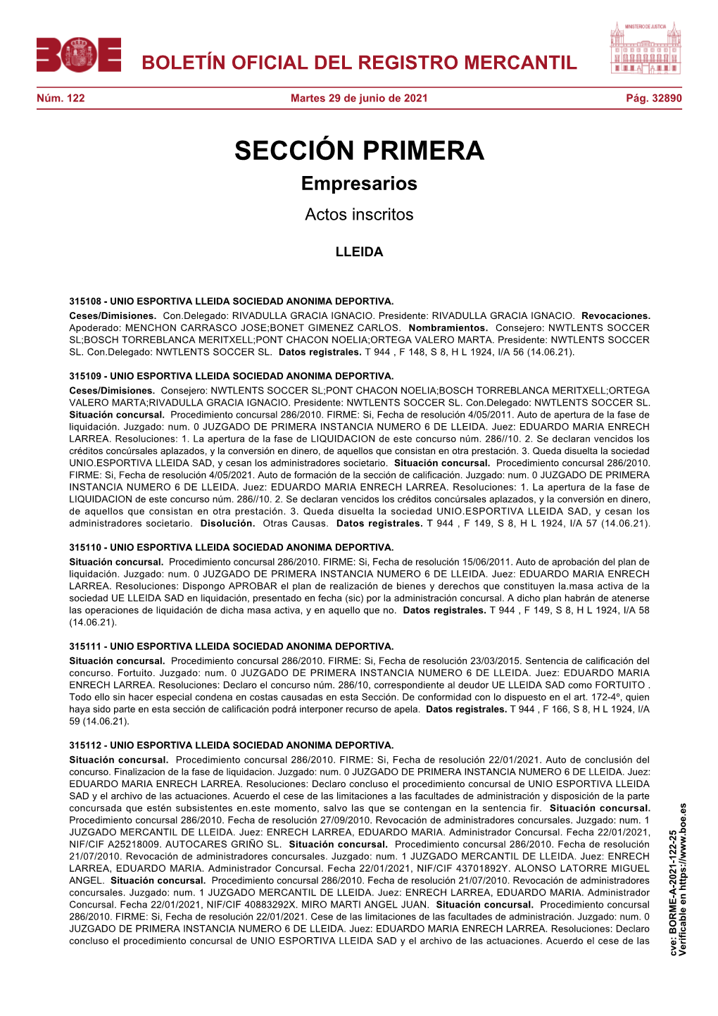 Actos De LLEIDA Del BORME Núm. 122 De 2021