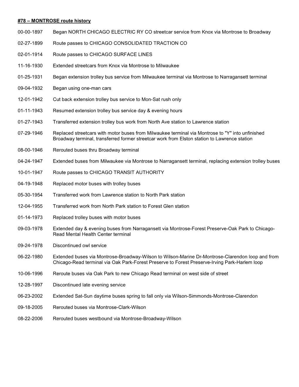 78 – MONTROSE Route History 00-00-1897 Began NORTH CHICAGO ELECTRIC RY CO Streetcar Service from Knox Via Montrose to Broadwa