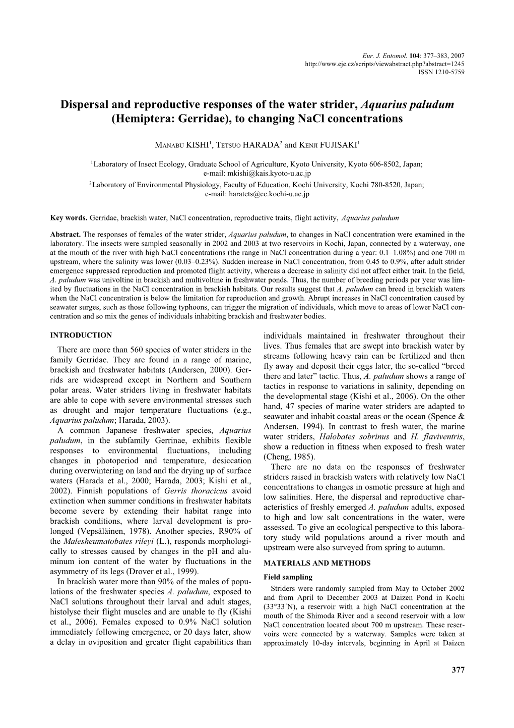 Dispersal and Reproductive Responses of the Water Strider, Aquarius Paludum (Hemiptera: Gerridae), to Changing Nacl Concentrations