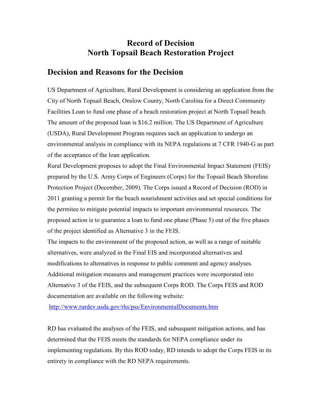 Record of Decision North Topsail Beach Restoration Project