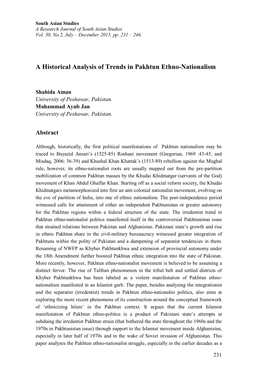 A Historical Analysis of Trends in Pakhtun Ethno-Nationalism