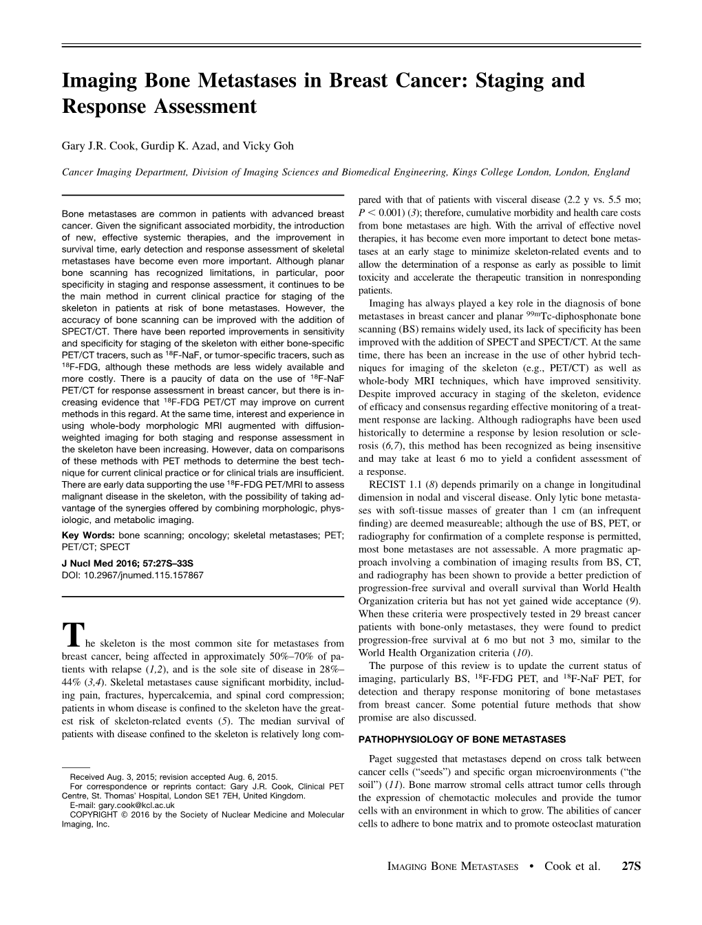 Imaging Bone Metastases in Breast Cancer: Staging and Response Assessment