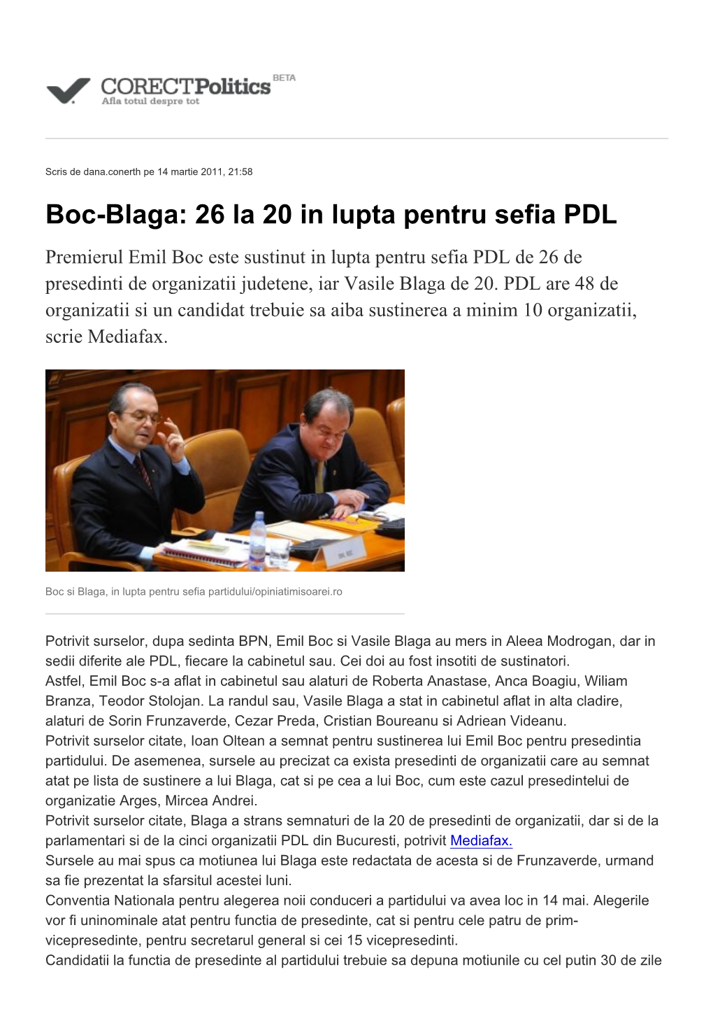 Boc-Blaga: 26 La 20 in Lupta Pentru Sefia