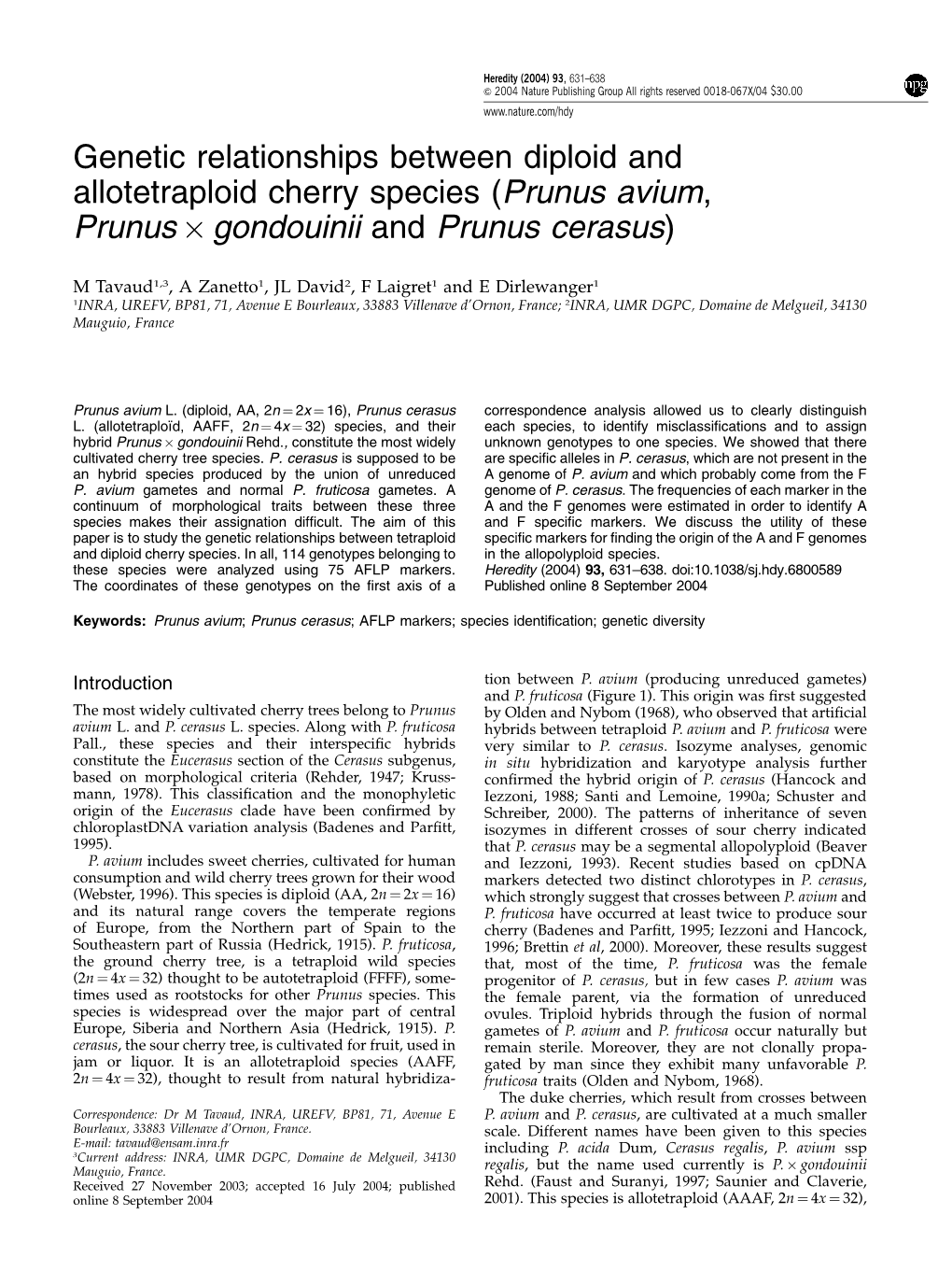 Genetic Relationships Between Diploid and Allotetraploid Cherry Species (Prunus Avium, Prunus Â Gondouinii and Prunus Cerasus)
