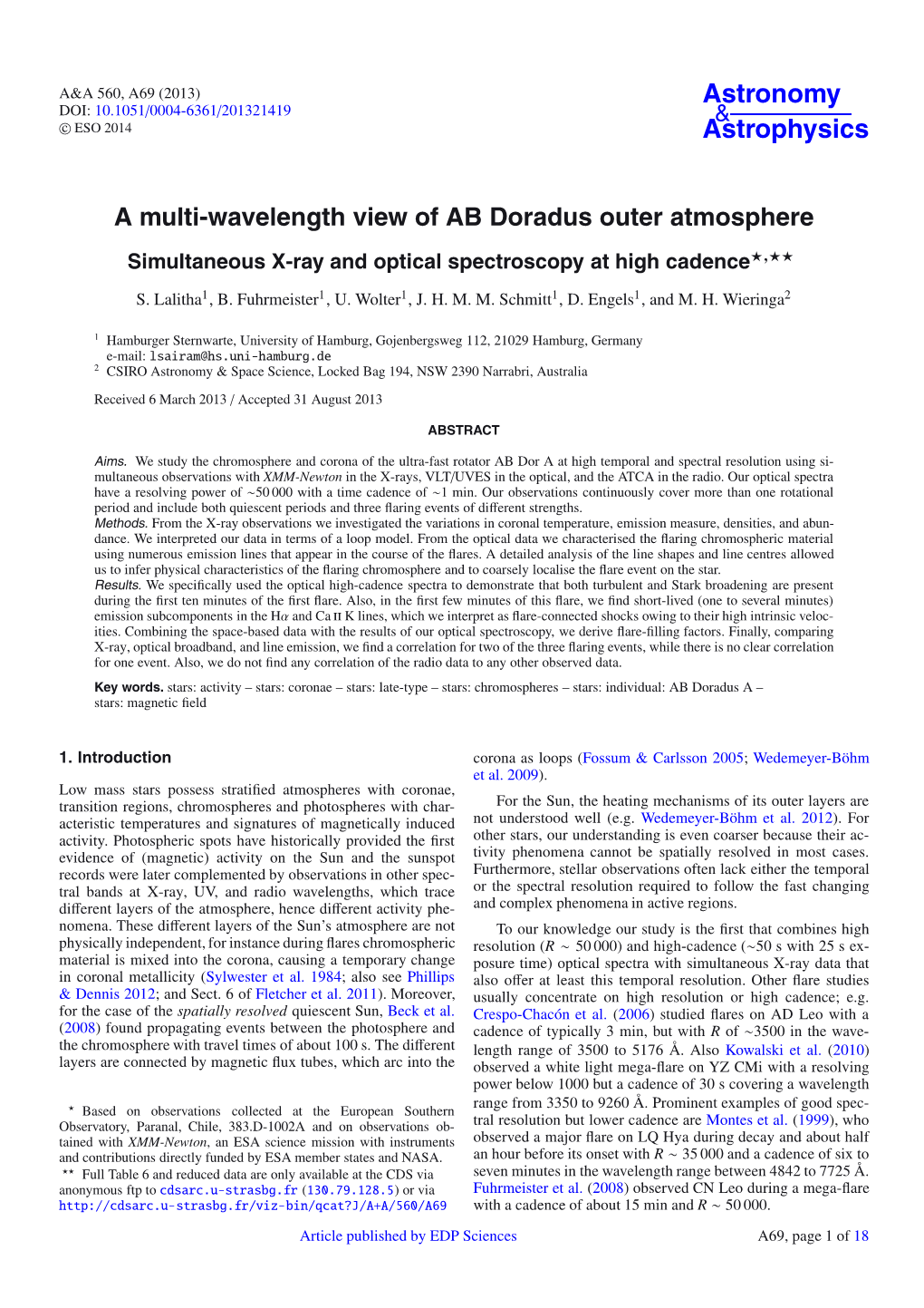 A Multi-Wavelength View of AB Doradus Outer Atmosphere Simultaneous X-Ray and Optical Spectroscopy at High Cadence�,