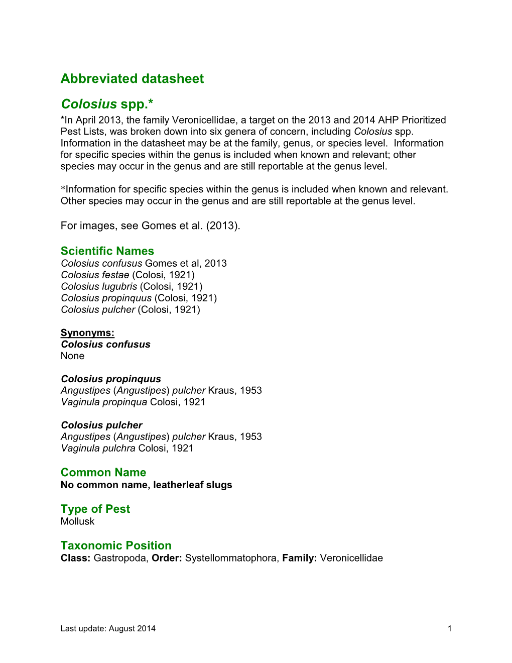 Abbreviated Datasheet Colosius Spp.*