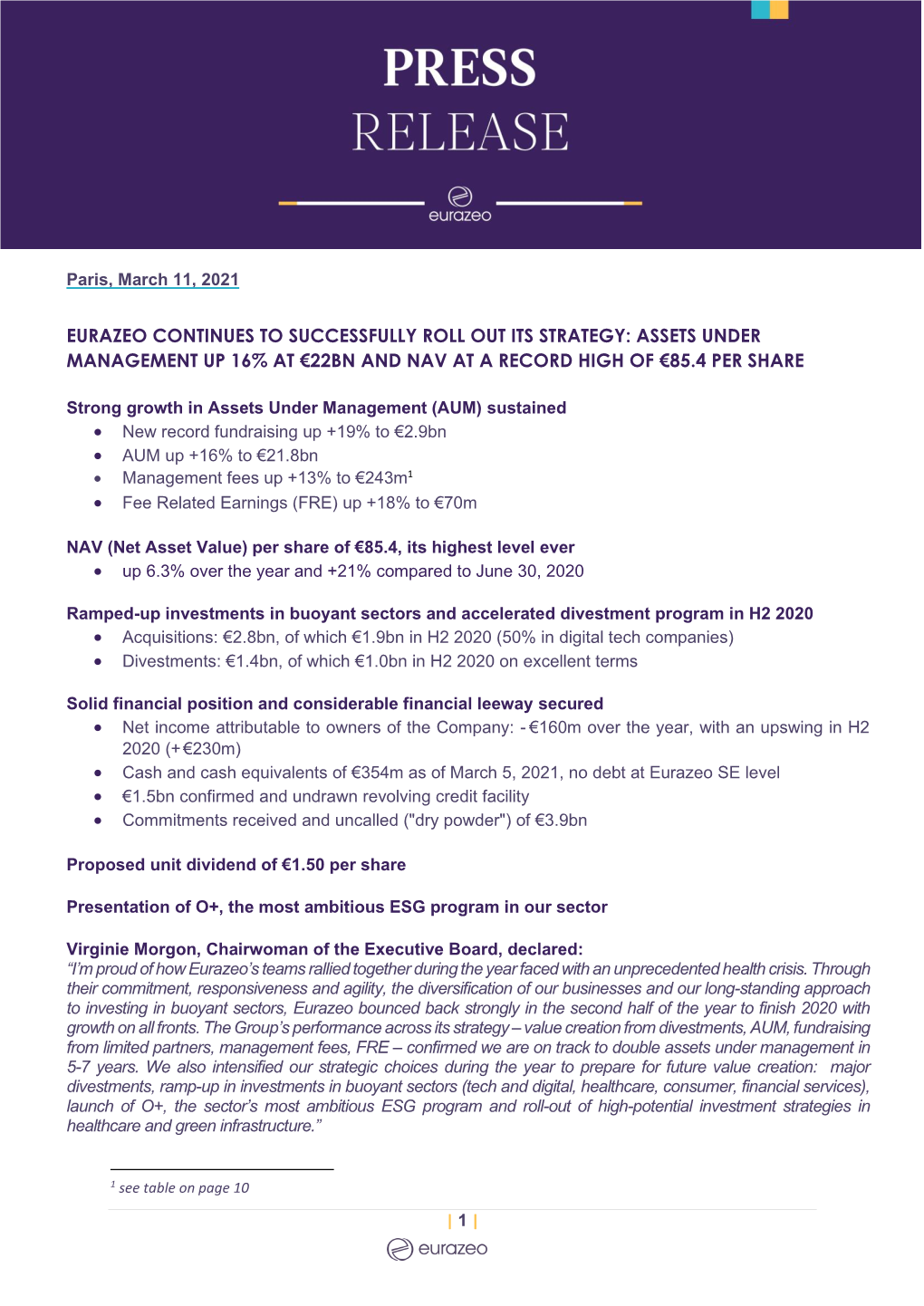 Assets Under Management up 16% at €22Bn and Nav at a Record High of €85.4 Per Share