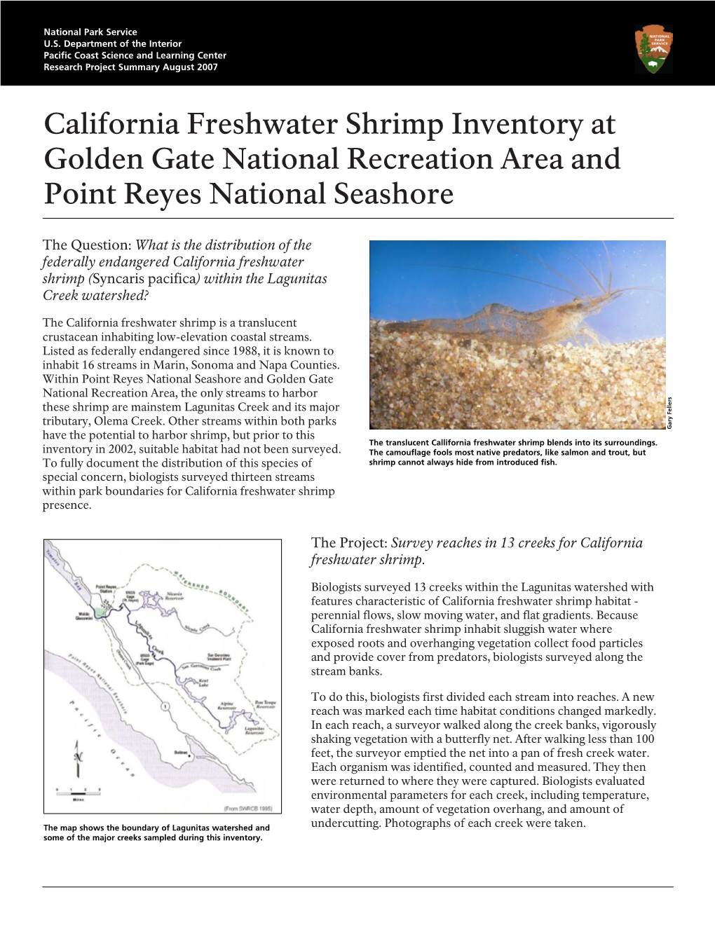 California Freshwater Shrimp Inventory at Golden Gate National Recreation Area and Point Reyes National Seashore