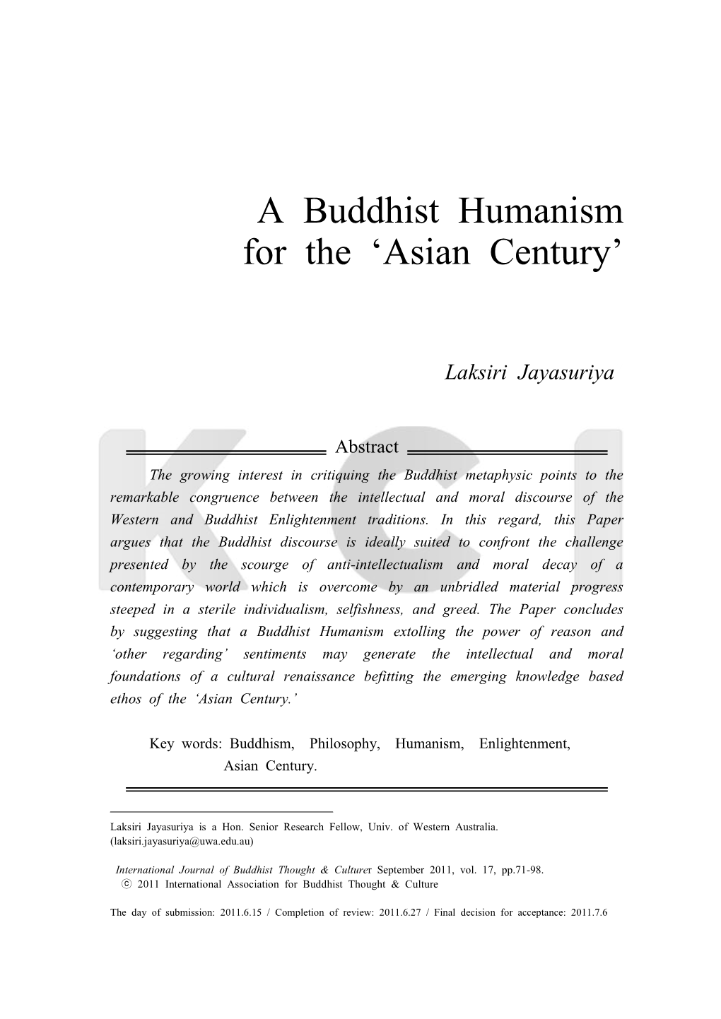 A Buddhist Humanism for the 'Asian Century'
