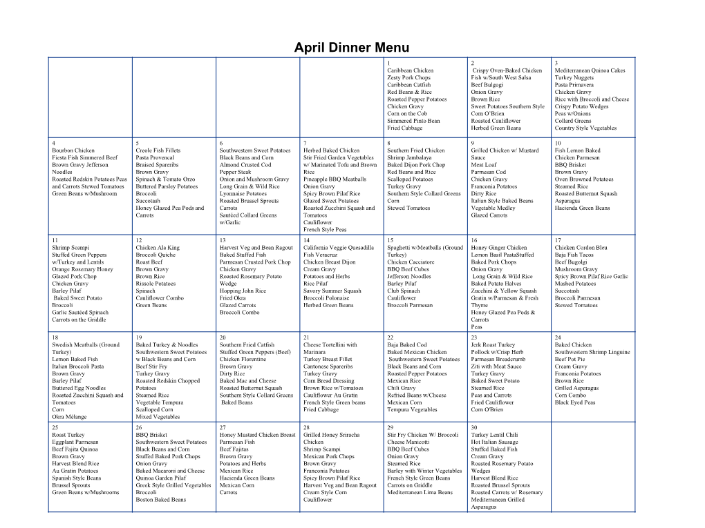 April Dinner Menu