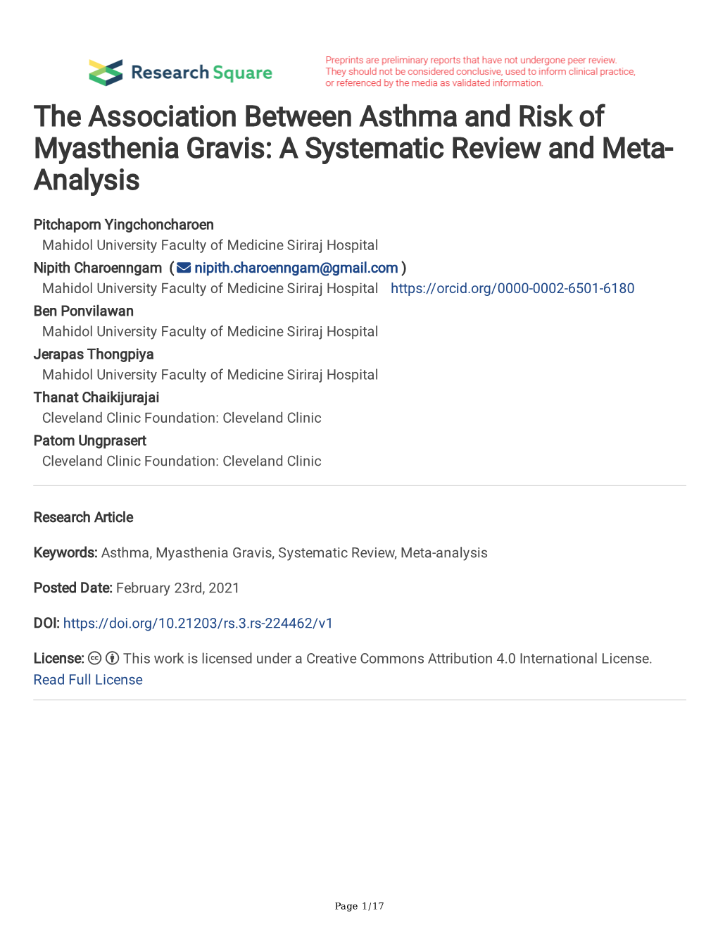 The Association Between Asthma and Risk of Myasthenia Gravis: a Systematic Review and Meta- Analysis