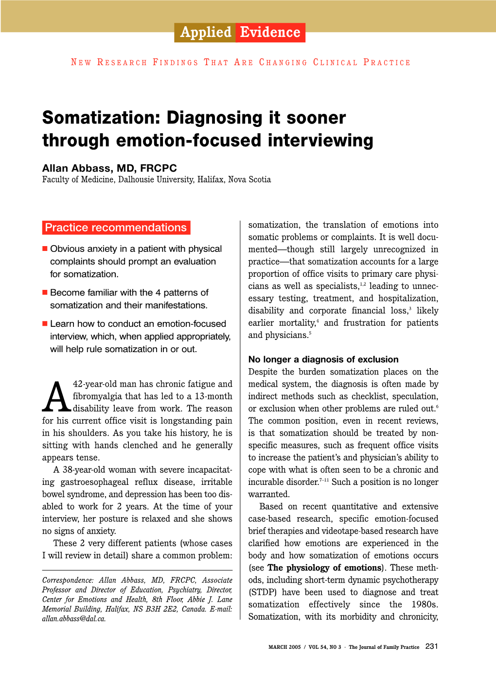 Somatization: Diagnosing It Sooner Through Emotion-Focused Interviewing