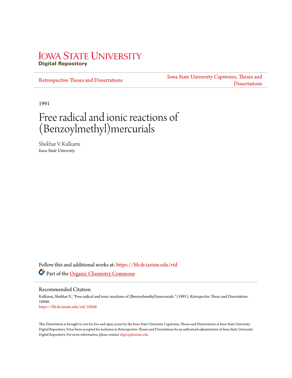 Free Radical and Ionic Reactions of (Benzoylmethyl)Mercurials Shekhar V