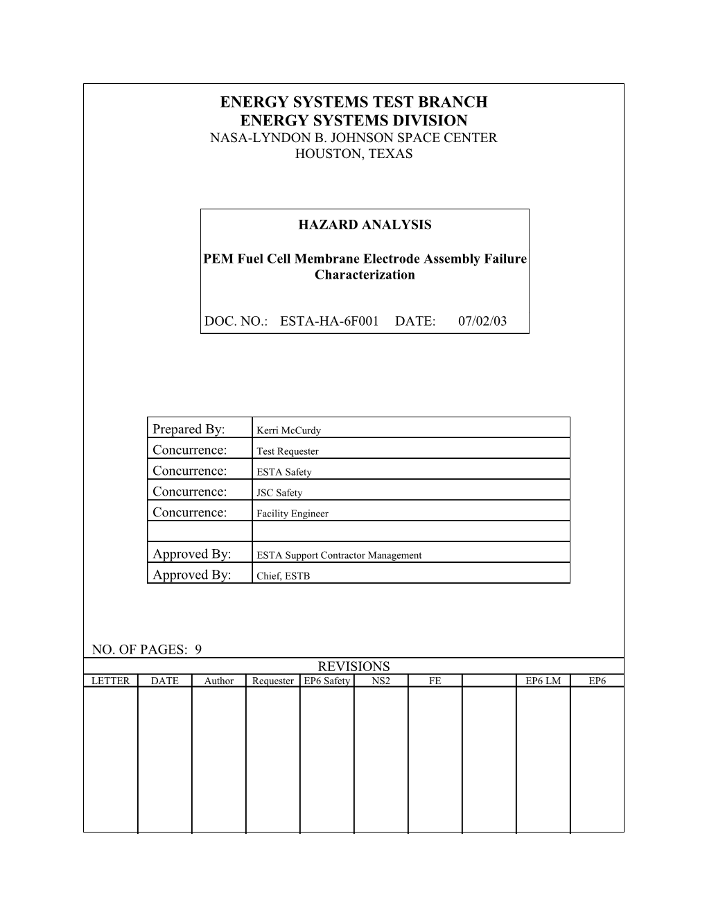 Hazard Analysis ESTA-HA-6F001 Page 5