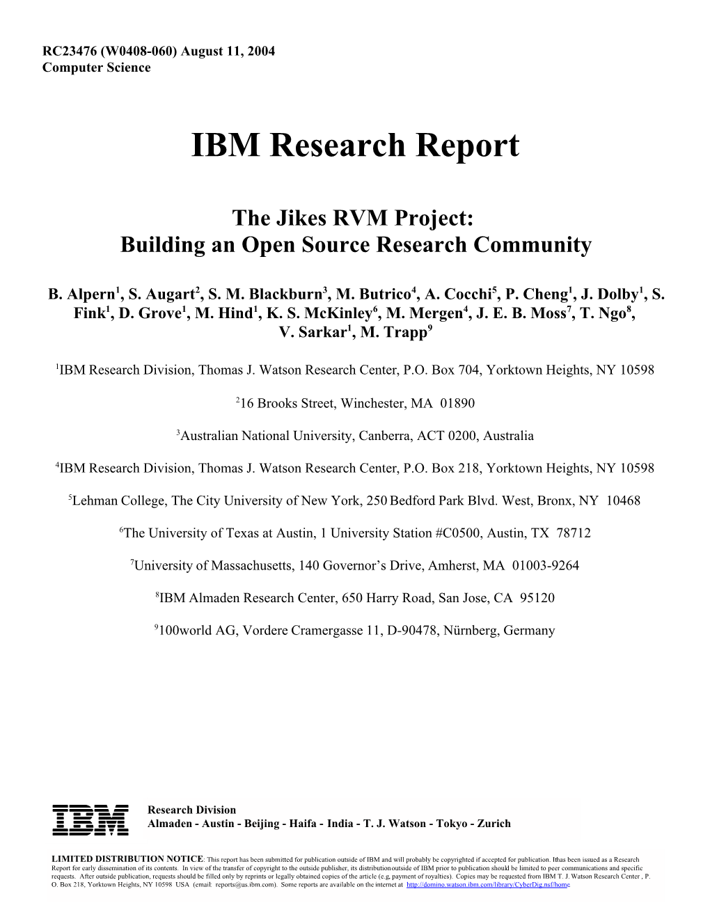 IBM Research Report the Jikes RVM Project