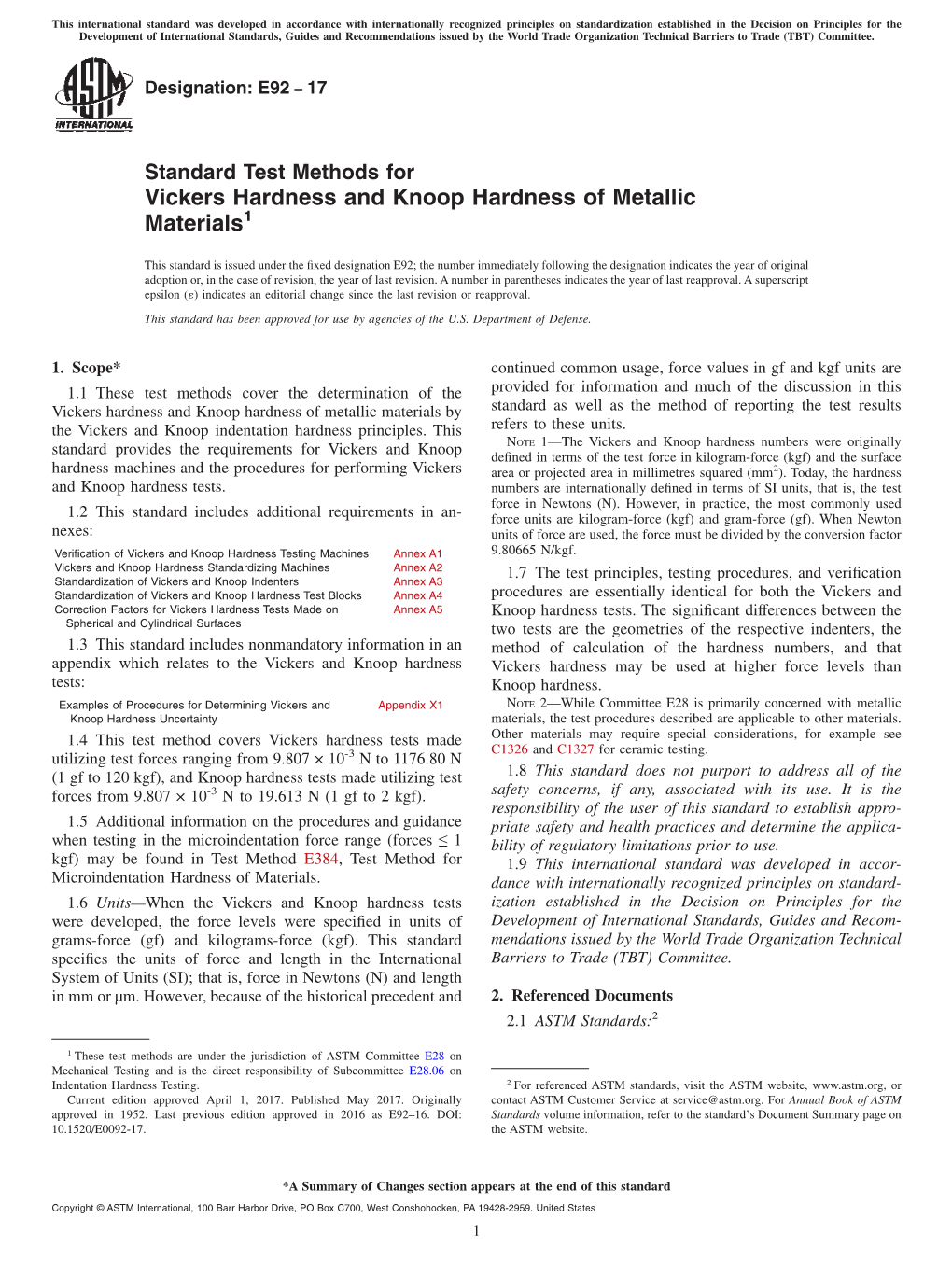 ASTM E92-17 Standard Test Methods for Vickers Hardness and Knoop