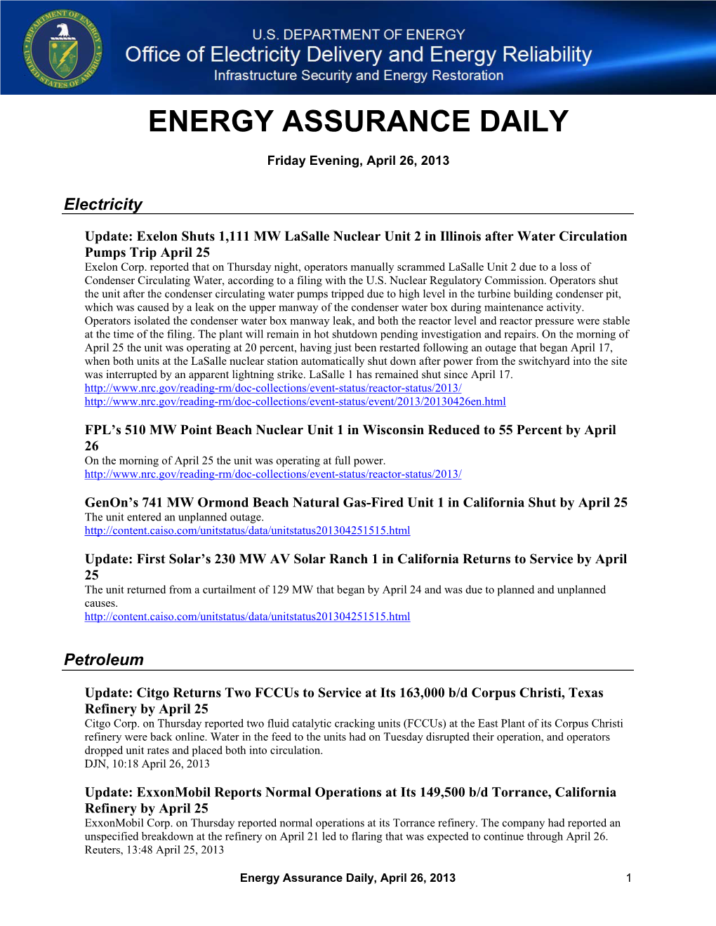 Energy Assurance Daily