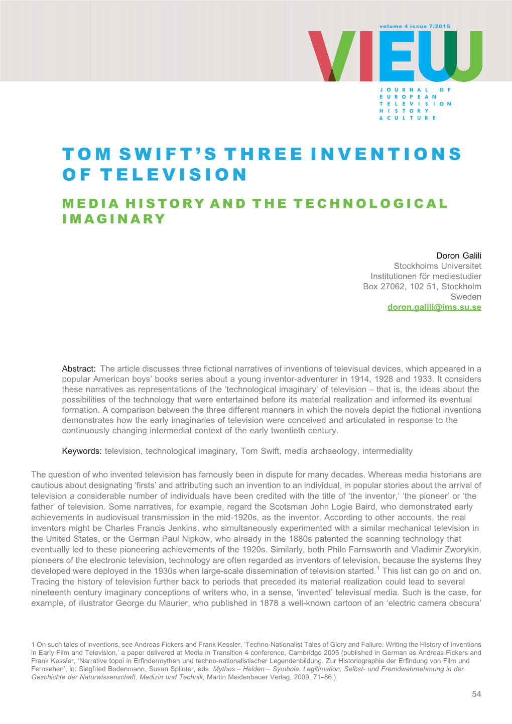 Tom Swift’ S Three Inventions of Television