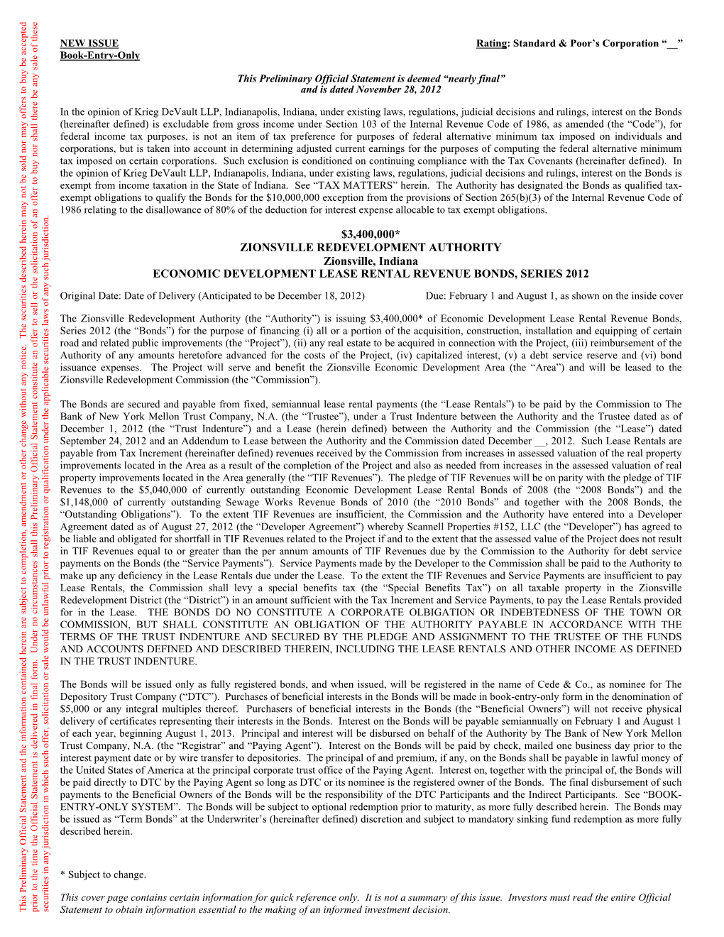 ZIONSVILLE REDEVELOPMENT AUTHORITY Zionsville, Indiana ECONOMIC DEVELOPMENT LEASE RENTAL REVENUE BONDS, SERIES 2012