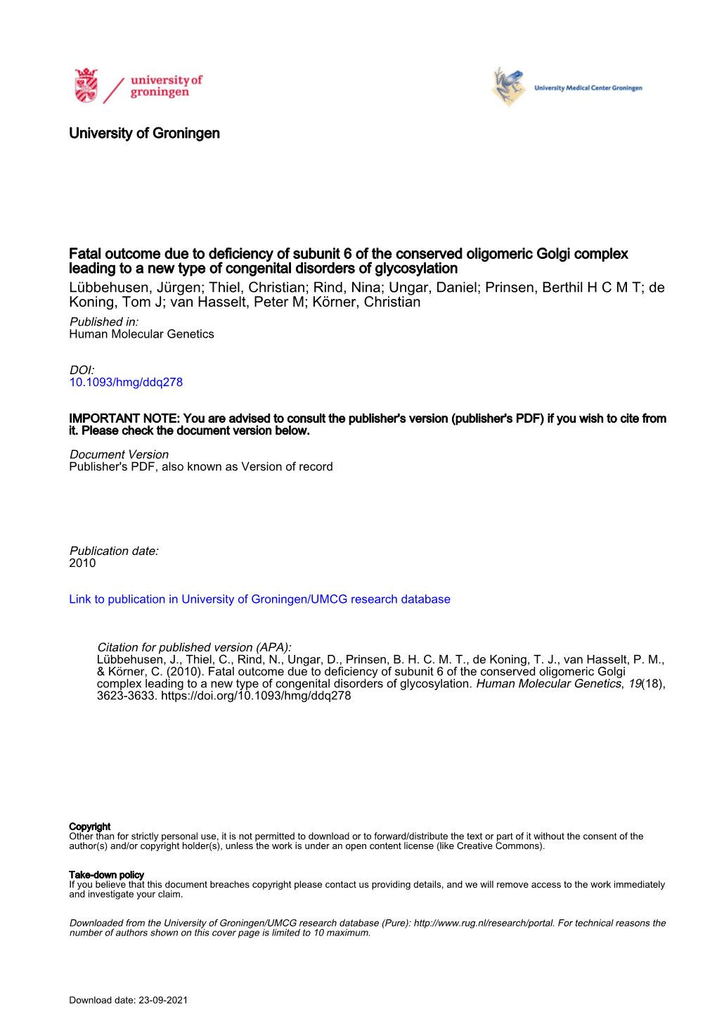 University of Groningen Fatal Outcome Due to Deficiency of Subunit 6