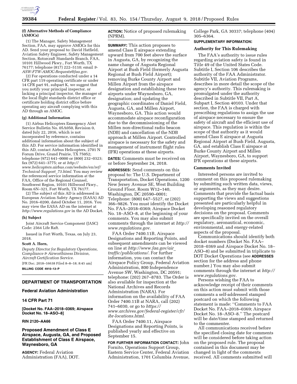 Federal Register/Vol. 83, No. 154/Thursday, August 9, 2018/Proposed Rules