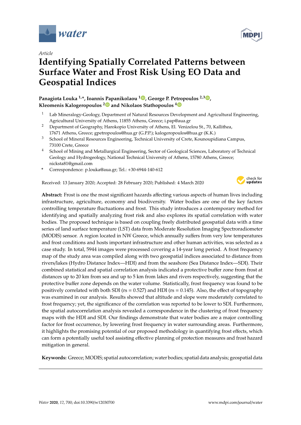 Identifying Spatially Correlated Patterns Between Surface Water and Frost Risk Using EO Data and Geospatial Indices