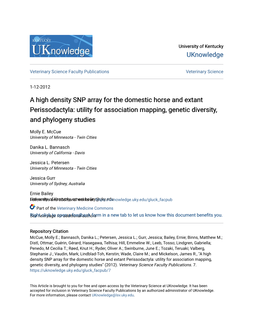 A High Density SNP Array for the Domestic Horse and Extant Perissodactyla: Utility for Association Mapping, Genetic Diversity, and Phylogeny Studies