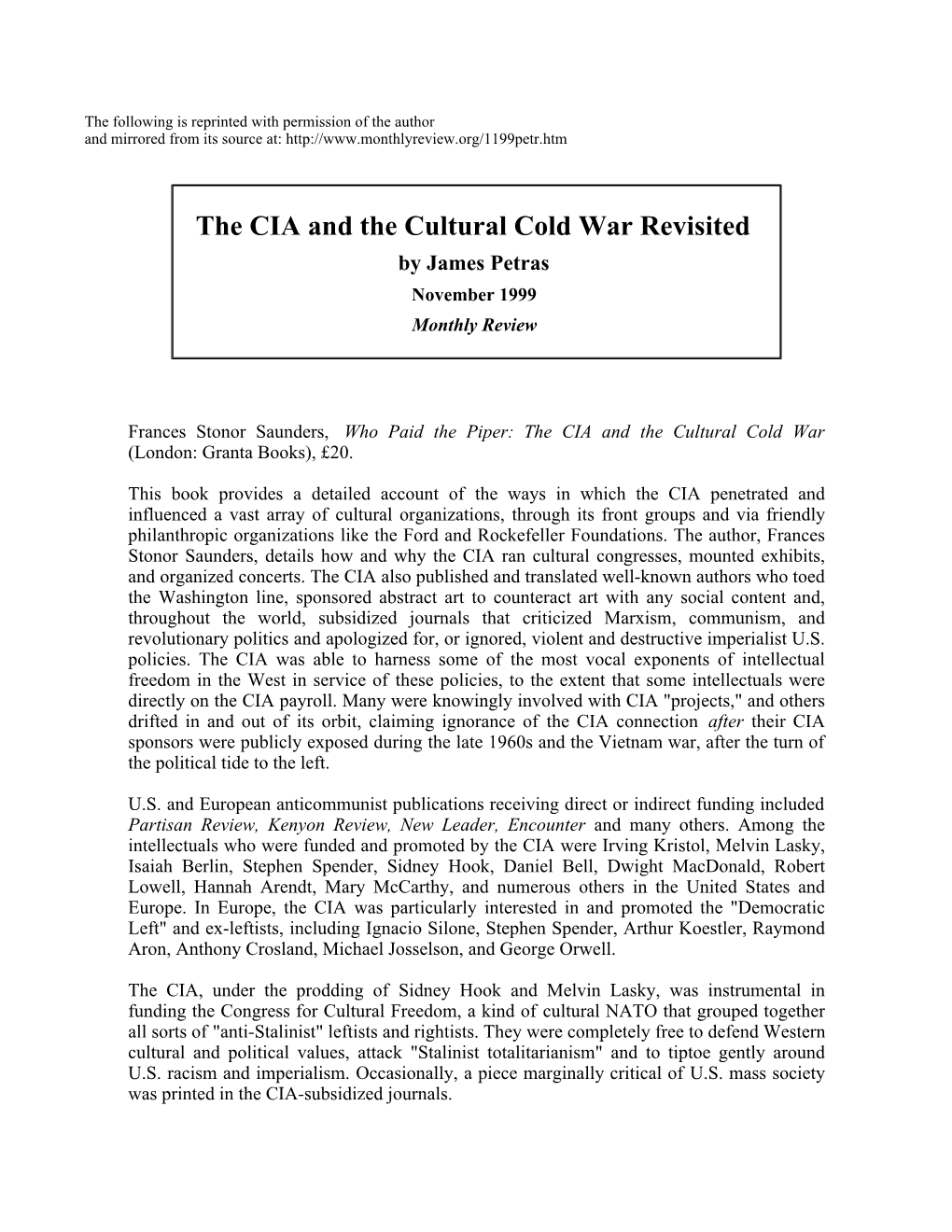 The CIA and the Cultural Cold War Revisited, by James Petras, 11/99