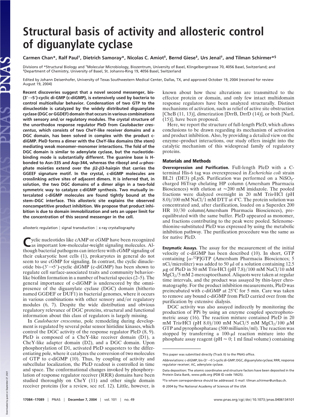 Structural Basis of Activity and Allosteric Control of Diguanylate Cyclase