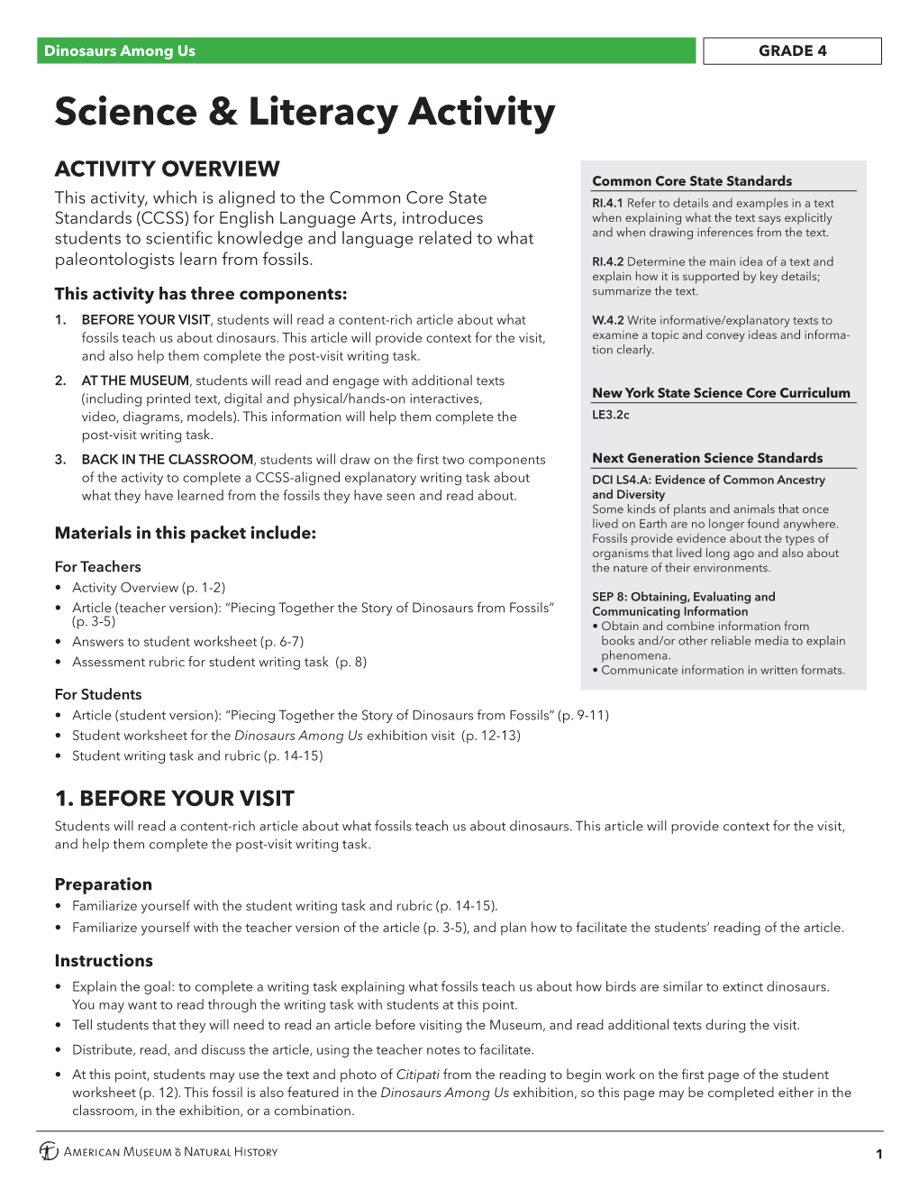 Dinosaurs Among Us Science & Literacy Activity: Grade 4