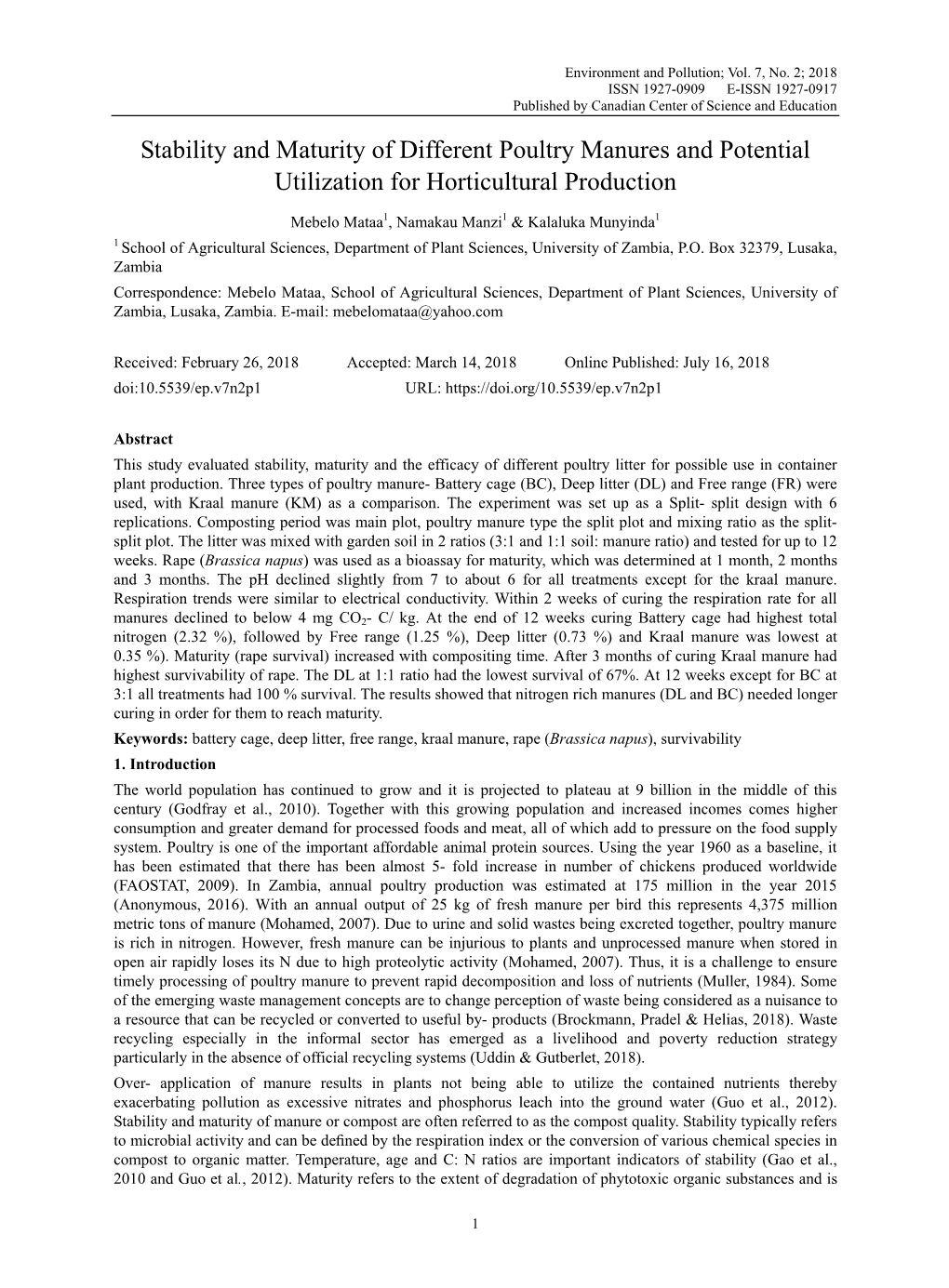 Stability and Maturity of Different Poultry Manures and Potential Utilization for Horticultural Production