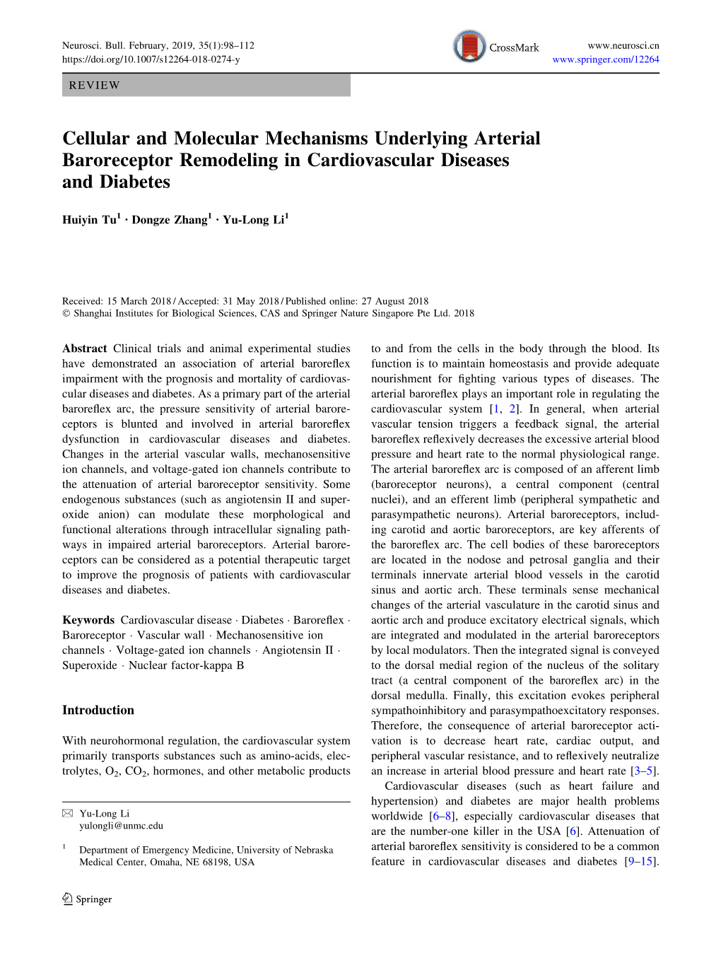 Cellular and Molecular Mechanisms Underlying Arterial Baroreceptor Remodeling in Cardiovascular Diseases and Diabetes