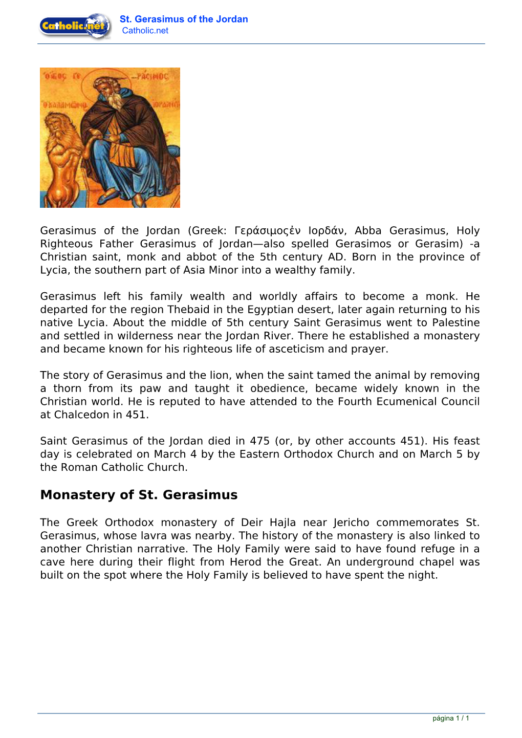 St. Gerasimus of the Jordan Catholic.Net