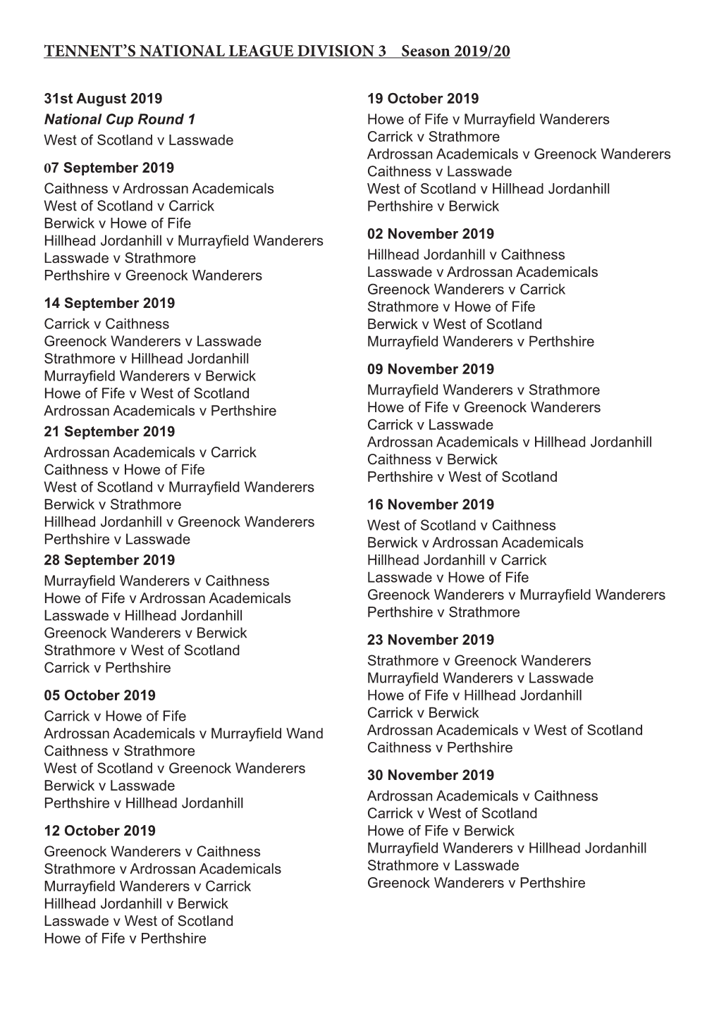 TENNENT's NATIONAL LEAGUE DIVISION 3 Season 2019/20