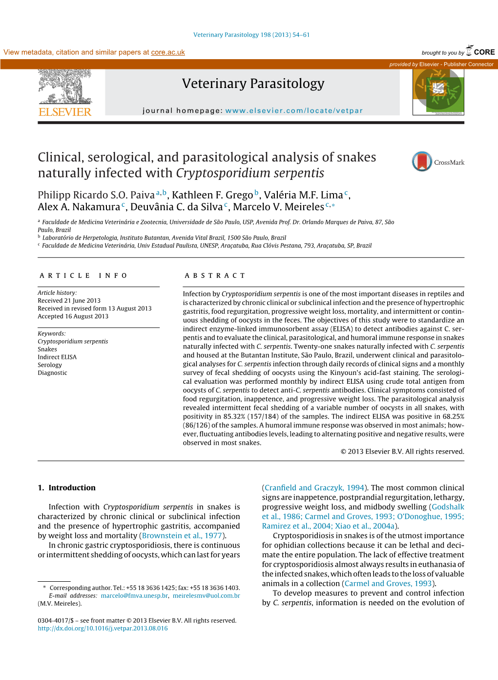 Clinical, Serological, and Parasitological Analysis of Snakes