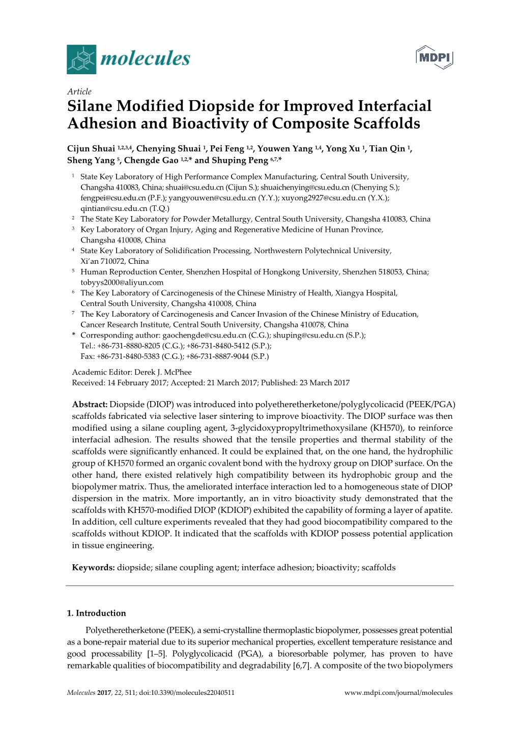 Silane Modified Diopside for Improved Interfacial Adhesion and Bioactivity of Composite Scaffolds