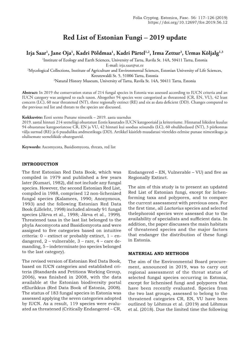 Red List of Estonian Fungi – 2019 Update