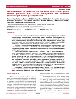 Demonstration of Potential Link Between Helicobacter Pylori Related Promoter Cpg Island Methylation and Telomere Shortening in Human Gastric Mucosa