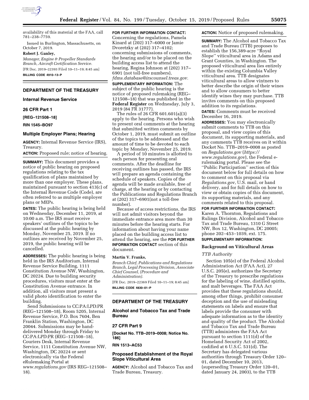 Federal Register/Vol. 84, No. 199/Tuesday, October 15, 2019