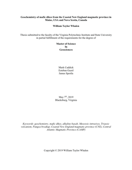 Geochemistry of Mafic Dikes from the Coastal New England Magmatic Province in Maine, USA and Nova Scotia, Canada