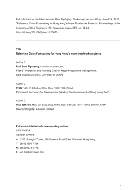 Reference Class Forecasting for Hong Kong’S Major Roadworks Projects," Proceedings of the Institution of Civil Engineers 169, November, Issue CE6, Pp