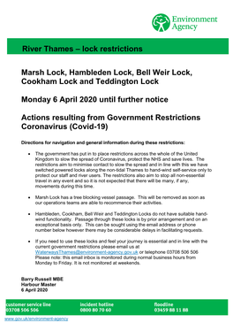 Marsh Lock, Hambleden Lock, Bell Weir Lock, Cookham Lock and Teddington Lock