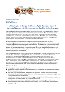 Addressing the Challenges That Human Rights Defenders Face in the Context of Business Activities in an Age of a Shrinking Civil Society Space