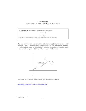 Math 1300 Section 4.8: Parametric Equations A